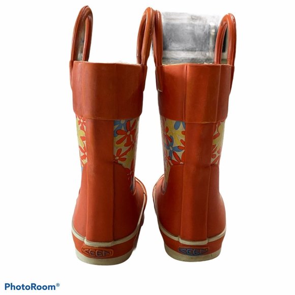 Keen rain boots kid 4 orange floral lined pull on - Picture 3 of 9